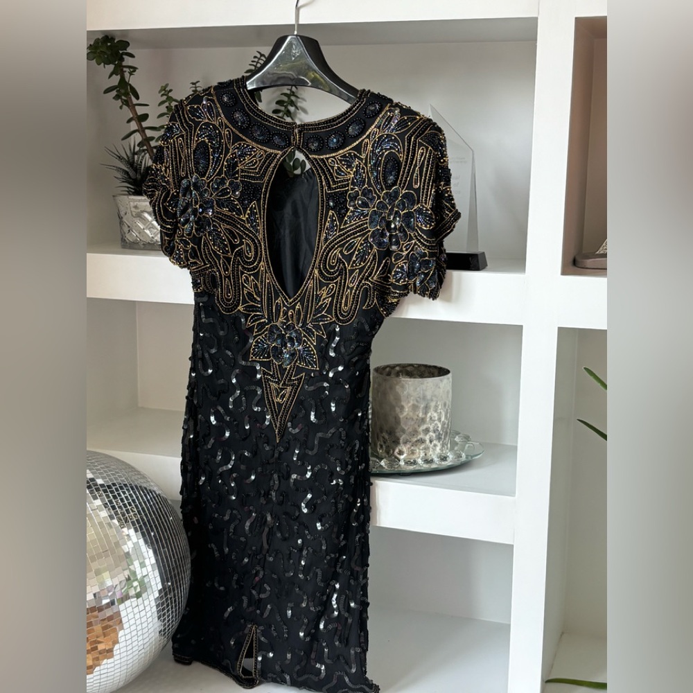 Laurence Kazar Black and Gold Embellished Cocktail Gown stunning vintage 1980s